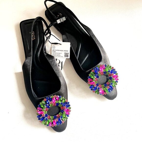 Zara Colourful  Rhiniestone Detail Balck Satin Flats 37 - Picture 1 of 6